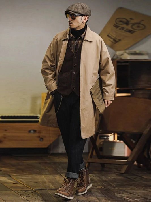 Retro American Sle Men's Long Coat Cotton Casual Faion Urban Youth Pure Color Button up Loose Fit Autumn Winter Coat