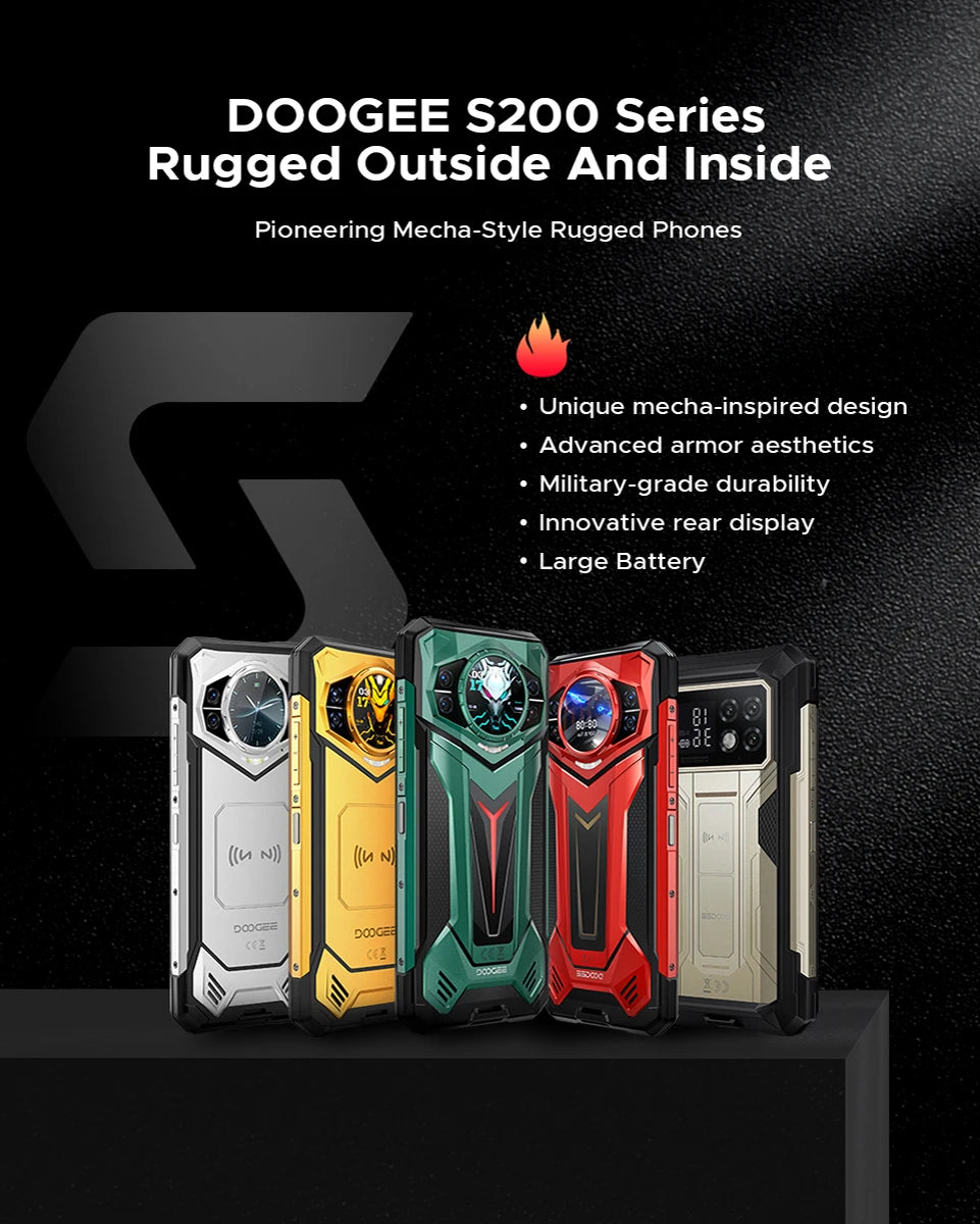 Teléfono resistente DOOGEE S200 Ultra 5G con IA, 48 GB + 1 TB, pantalla trasera de 1,34" con efecto de luz, procesador Dimensity 7400, batería de 11000 mAh, carga rápida de 66 W, NFC, WiFi 6E.