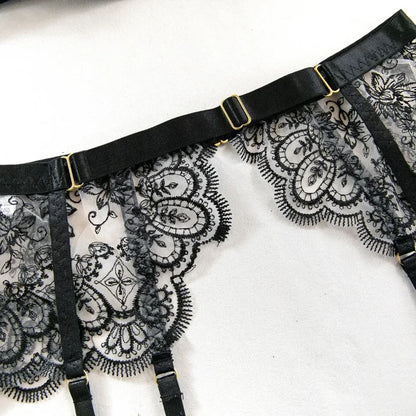 Tornova - Conjunto de ropa interior sexy con bordado de 5 piezas para mujer, de malla con retazos, transparente, con cuello halter y ligas, lencería sexy