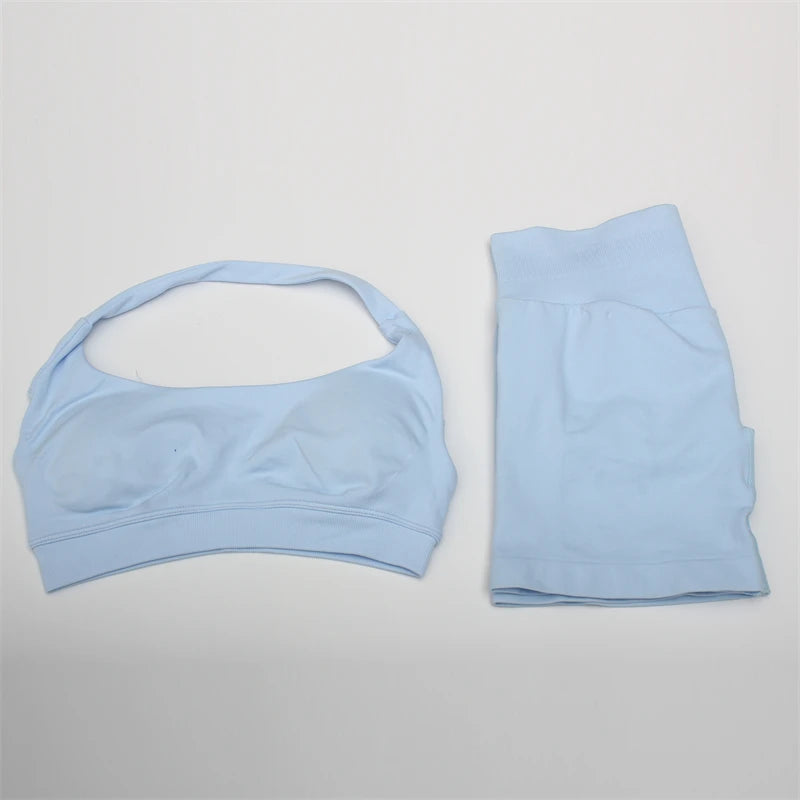 Women's Electric Blue Blossom High Stretch Top Sports Bra Shorts Set Comfortable Gym Workout Yoga Active Wear Impact Outfit