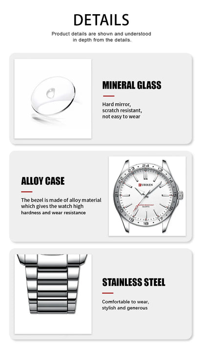 CURREN 8452 Reloj de cuarzo para hombre, sencillo, moderno, para ocio y negocios, con correa de acero inoxidable negra y plateada.