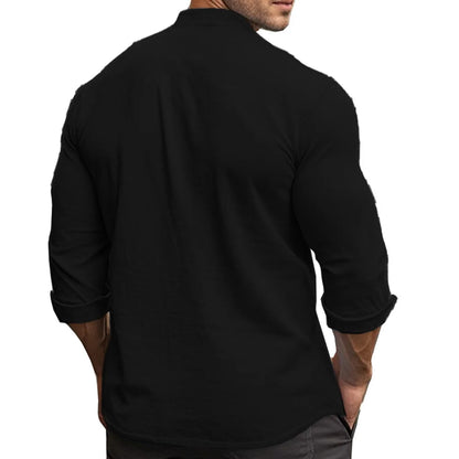 Camisas Henry para hombre, de algodón y lino, corte ajustado, informales, hawaianas, de color liso, estilo básico, para primavera y verano, transpirables.