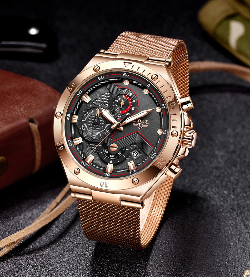 LIGE - Reloj de cuarzo de lujo para hombre, marca superior, moderno, de negocios, con correa de malla, resistente al agua, luminoso, cronógrafo