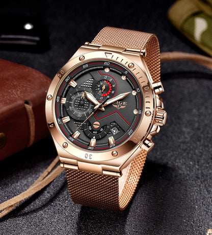 LIGE - Reloj de cuarzo de lujo para hombre, marca superior, moderno, de negocios, con correa de malla, resistente al agua, luminoso, cronógrafo