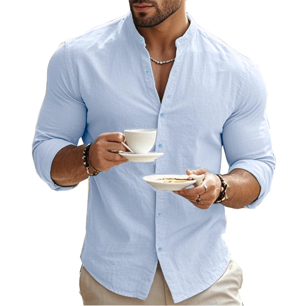 Camisas Henry para hombre, de algodón y lino, corte ajustado, informales, hawaianas, de color liso, estilo básico, para primavera y verano, transpirables.