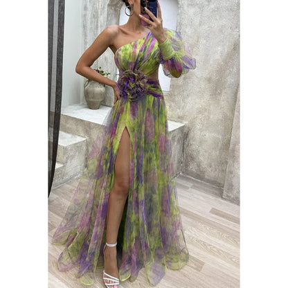 Women's Summer Fashion Casual Dress Slant Neck Off Shoulder Long Sleeve Mesh Dress Flower Waist Split Dress Holiday Party