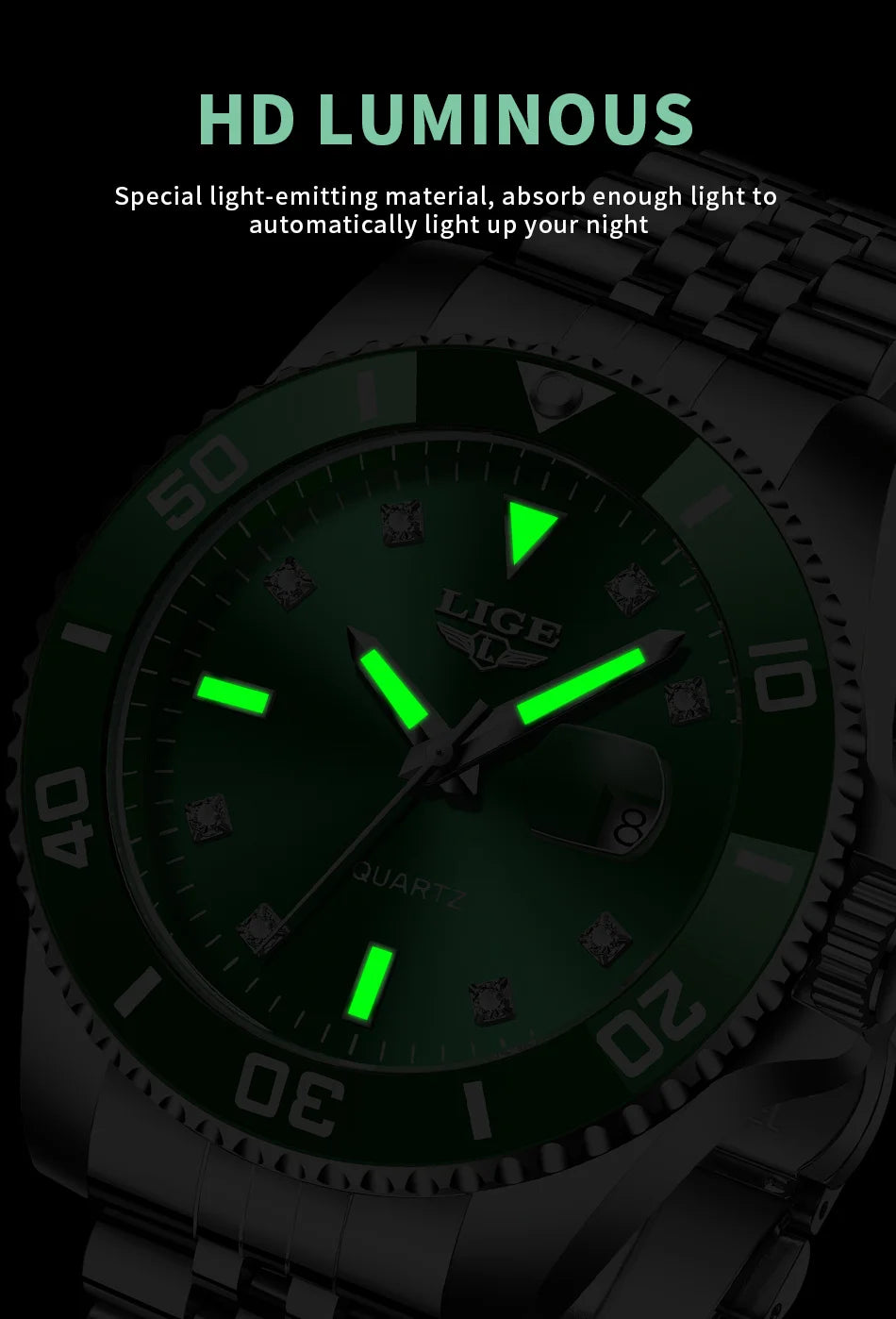 Reloj de lujo LIGE para hombre, reloj de cuarzo con esfera engastada de diamantes, resistente al agua, calendario, mariposa, doble cierre, acero inoxidable.