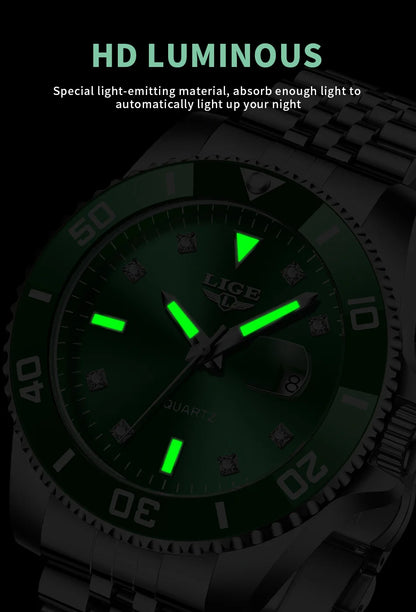 Reloj de lujo LIGE para hombre, reloj de cuarzo con esfera engastada de diamantes, resistente al agua, calendario, mariposa, doble cierre, acero inoxidable.