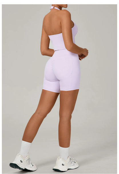 Ctenkevet - Conjunto de 2 piezas de sujetador halter sin espalda para mujer, ropa deportiva de secado rápido para gimnasio, conjunto deportivo femenino de dos piezas con pantalones cortos