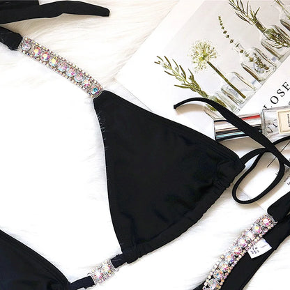 Bikini sexy de 4 colores para mujer, traje de baño liso de lujo con diamantes de imitación, estilo halter, conjunto de bikini para mujer, traje de baño de playa con tanga.
