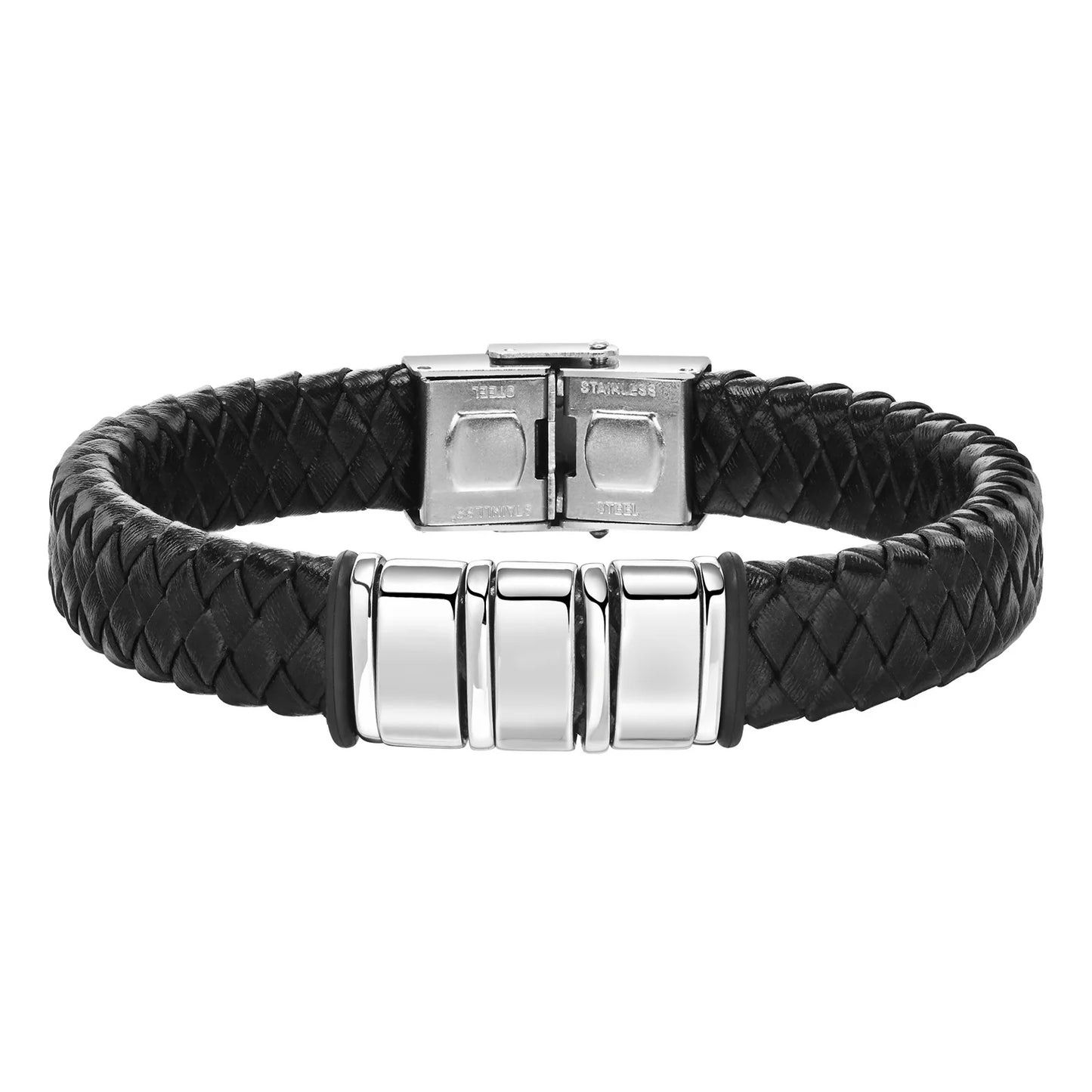 Pulseras trenzadas de cuentas personalizadas para hombre, de cuero, acero inoxidable, color negro y plateado, con nombre personalizado, regalo para un familiar.