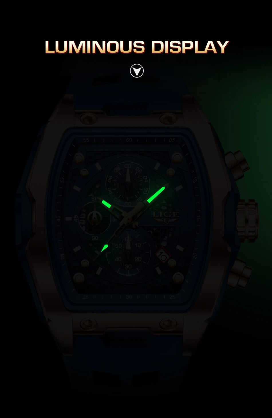 Reloj de negocios LIGE para hombre, resistente al agua, luminoso, cronógrafo, fecha, movimiento de cuarzo, correa de silicona, reloj de pulsera para hombre + caja