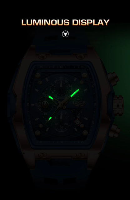 Reloj de negocios LIGE para hombre, resistente al agua, luminoso, cronógrafo, fecha, movimiento de cuarzo, correa de silicona, reloj de pulsera para hombre + caja