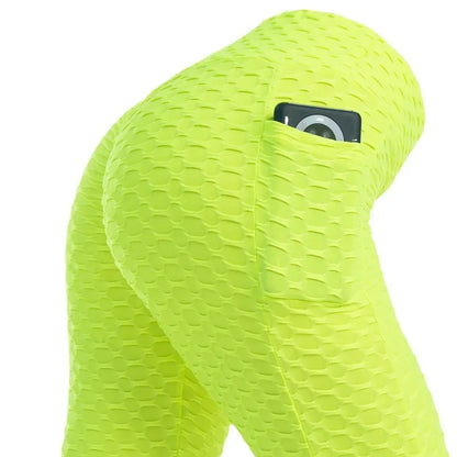 Leggings de cintura alta con efecto push-up de Amazon Europa, material de nylon, estampado jacquard, pantalones deportivos con bolsillo para mujer.