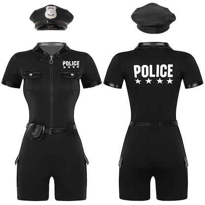 Women Cop Police Uniform Policewoman Cosplay Costume Zipper Short Sleeve Jumpsuit with Belt Purse Hat Halloween Party Clubwear