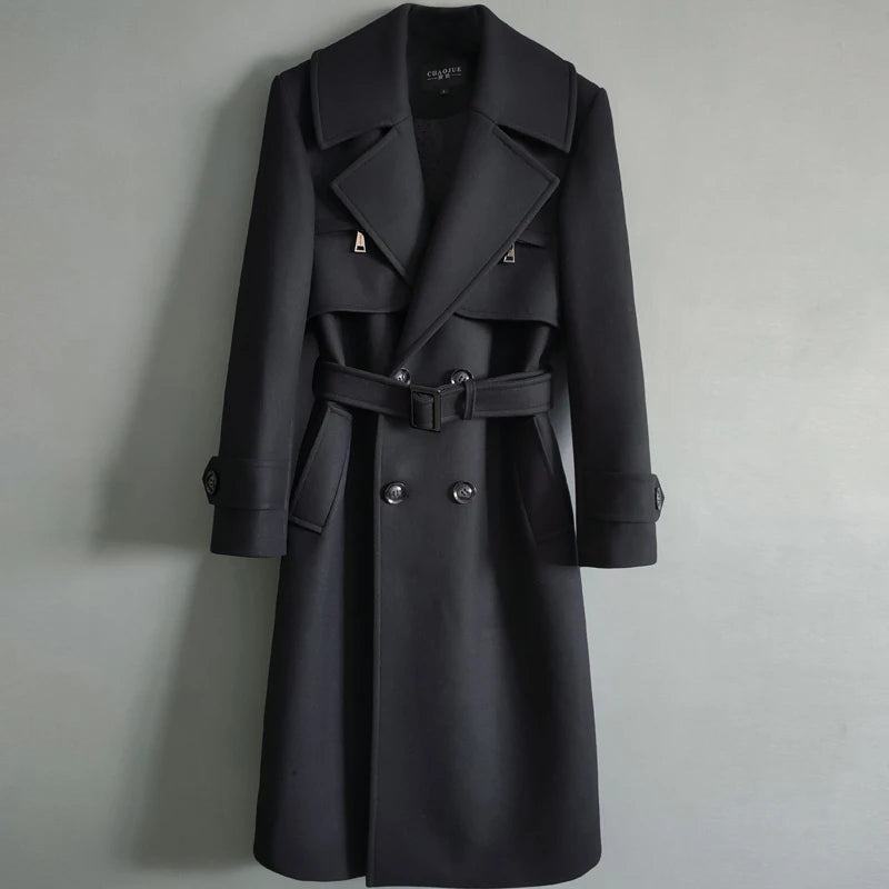 Gabardina cruzada de otoño para hombre, mezcla de lana de invierno, de alta calidad, a la moda, con cremallera, informal, ajustada, de color liso.