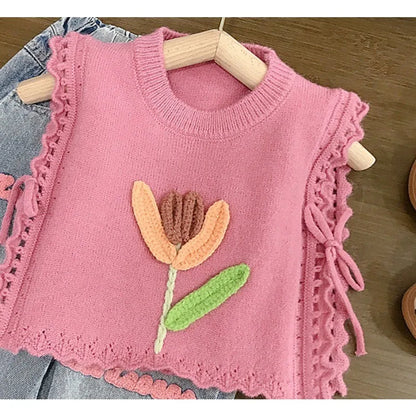Conjuntos de ropa para niños de 2 a 7 años, chaleco de punto rosa y vaqueros, conjunto de verano para bebés y niños pequeños.