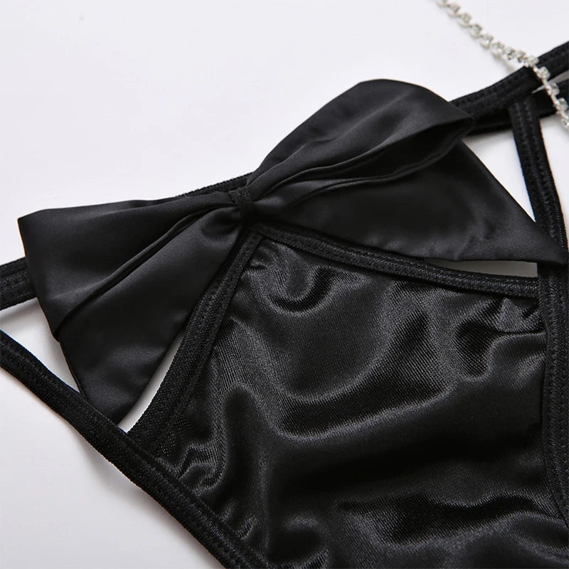 Conjunto de lencería sexy de 3 piezas con sujetador y tanga con lazo para mujer, conjunto de lencería sexy con ligas y perspectiva recortada.