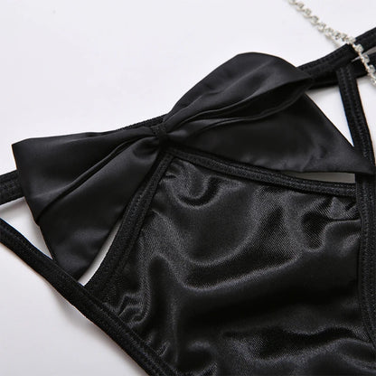 Conjunto de lencería sexy de 3 piezas con sujetador y tanga con lazo para mujer, conjunto de lencería sexy con ligas y perspectiva recortada.