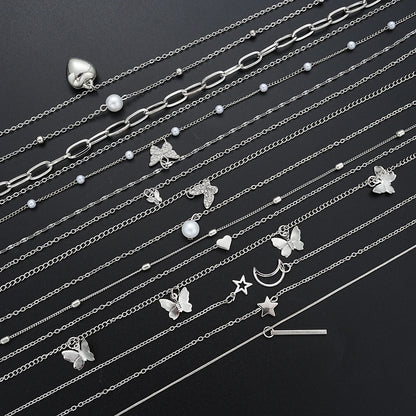 Juego de 13 collares sencillos con temperamento, mariposa, perla, corazón, estrella, circonita, color plateado, para mujer, joyería de moda, regalo