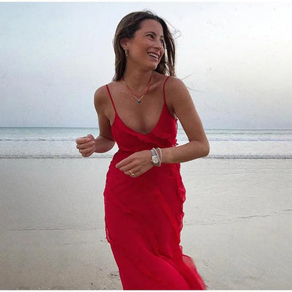 Vestido largo de gasa con volantes para mujer, estilo maxi, con espalda descubierta y abertura, ideal para fiestas de graduación, bodas y eventos de verano. Vestido largo y elegante.