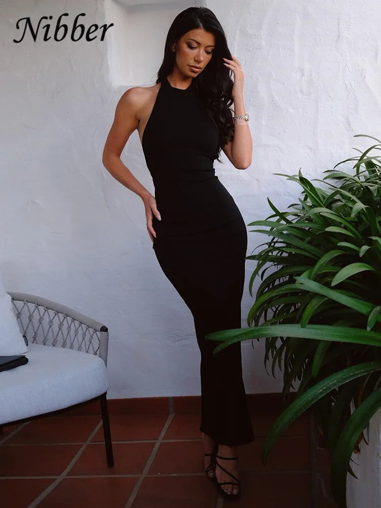 Vestido Nibber de moda para mujer, color liso, halter, sexy, espalda descubierta, abertura, bolso, corte ajustado, estilo cadera, colección verano 2025, rebajas, sencillo, vestidos