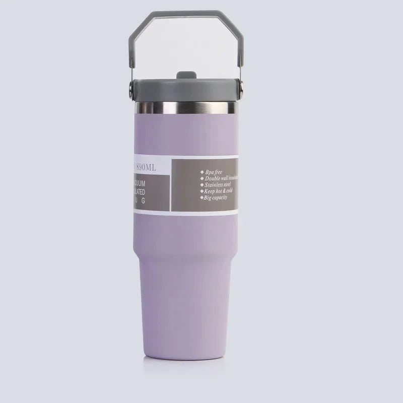 Vaso portátil de acero inoxidable de 30 oz con aislamiento para coche, con pajita y doble pajita para bebidas frías, ideal para usar en el vehículo.