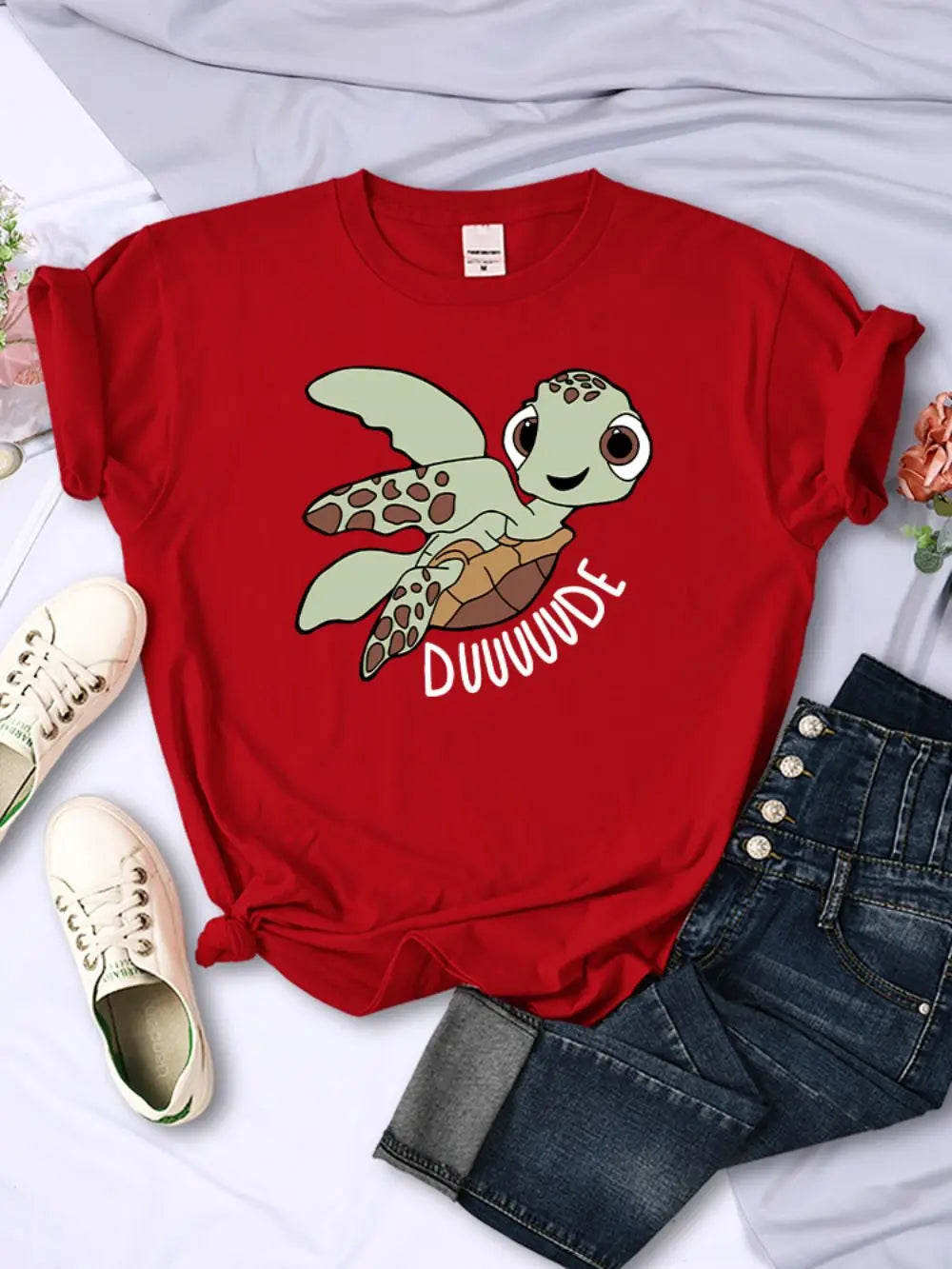 Camisetas sencillas para mujer, con estampado de letras de tortuga de dibujos animados, camisetas cómodas y suaves con cuello redondo, ropa informal de verano para mujer