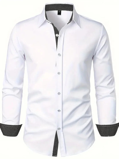 Spring Men's Long Sleeve Shirt Fashion Vintage Texture Print Long Sleeve Shirt Men's Flap-Collar Shirt Top Office Suit