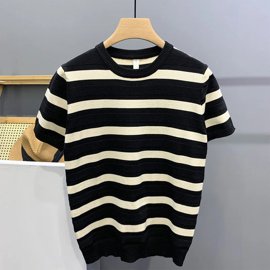 Camiseta de seda helada de verano a rayas blancas y negras de manga corta con cuello redondo para hombre, camiseta de media manga para hombre