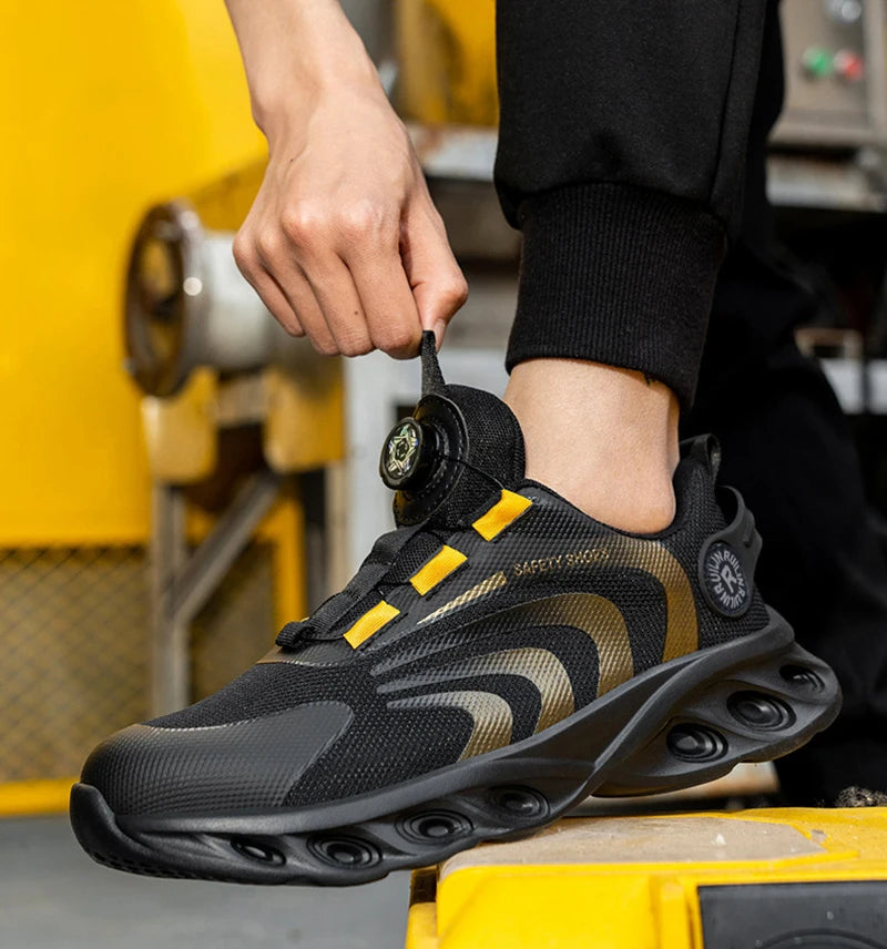 Zapatos de seguridad con botón giratorio para hombre, zapatos de trabajo con puntera de acero, zapatos de trabajo indestructibles y ligeros, zapatillas transpirables.