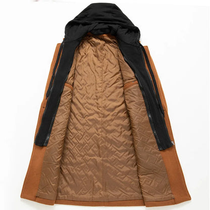 Autumn Winter Men's Wool Trench Coat Fashion Hooded Warm Long Woollen Coats Business Casual Turn Down Collar Woolen Blend Men