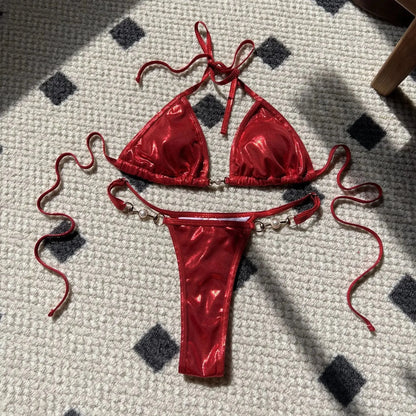 Traje de baño bikini sexy con perlas brillantes, gran oferta de la temporada, nuevo traje de baño cruzado, elegante diseño luminoso, ropa interior femenina atractiva