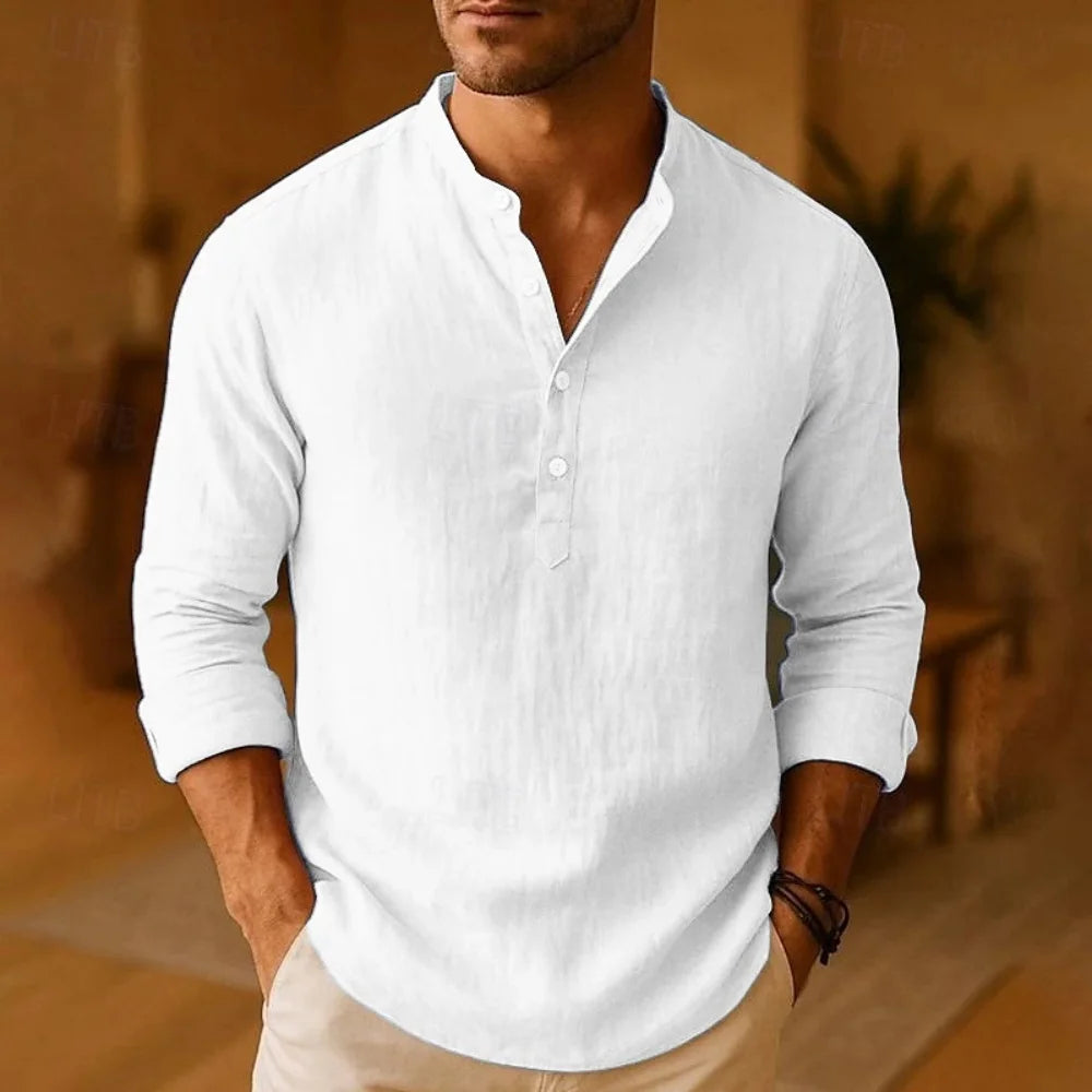 Camisas casuales para hombre, ligeras, de manga larga, estilo Henley, de algodón, ideales para la playa. Camisas de lino estilo hawaiano, transpirables, con cuello.