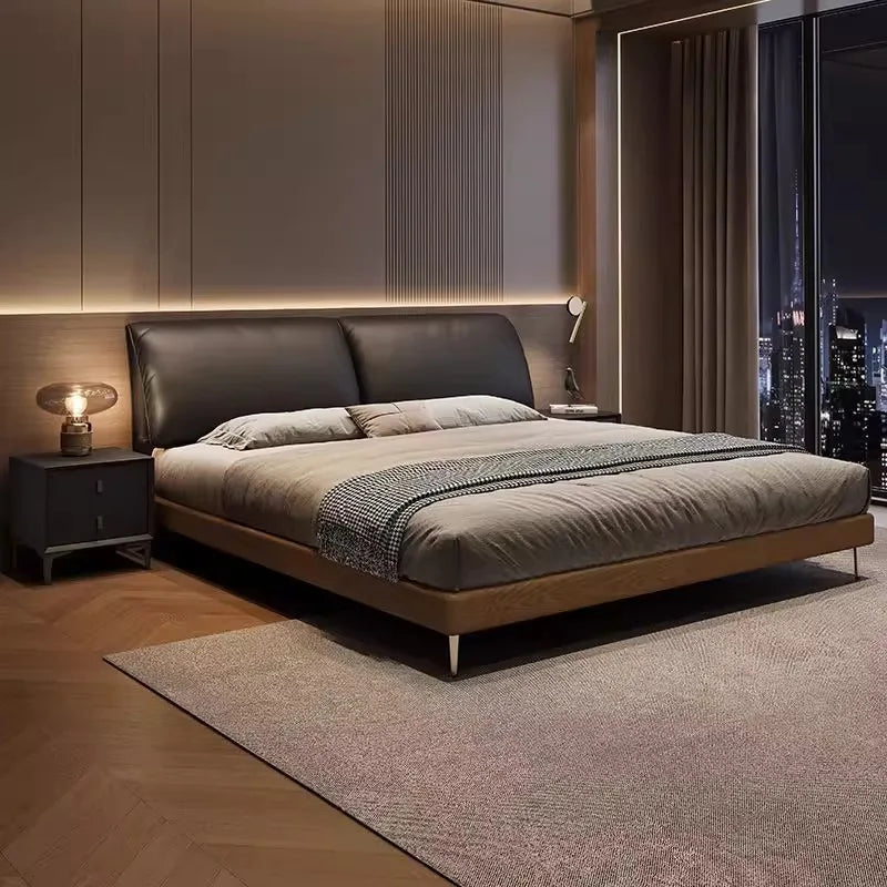 Cama doble europea minimalista con decoración negra, moderna y flexible, tamaño king, de madera, muebles matrimoniales para el hogar