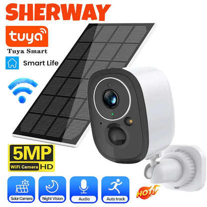 Cámara de seguridad exterior inalámbrica Tuya de 5 MP con WiFi y energía solar, batería de bajo consumo, sensor PIR de presencia, cámara IP de vigilancia a color para visión nocturna