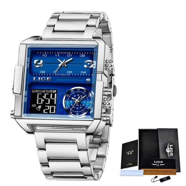 Reloj LIGE de acero negro para hombre, reloj digital con doble pantalla, cronógrafo deportivo, resistente al agua, de cuarzo, estilo militar