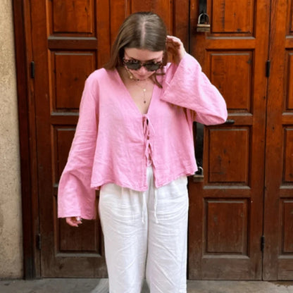 C.New S Camisas de lino y algodón con lazo y cordones para mujer, blusas holgadas de manga larga con cuello en V y aberturas para mujer, ropa de calle nueva de primavera 2024