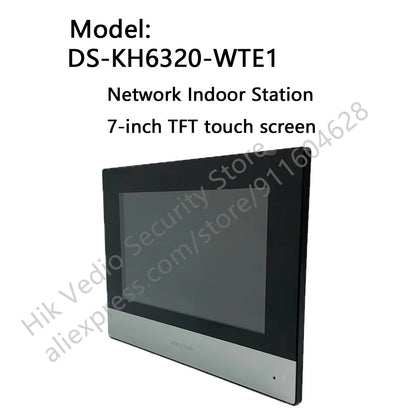 Videoportero interior Hikvision DS-KH6320-WTE1 con pantalla TFT de 7 pulgadas, PoE, WiFi, estación IP y compatibilidad con varios idiomas.