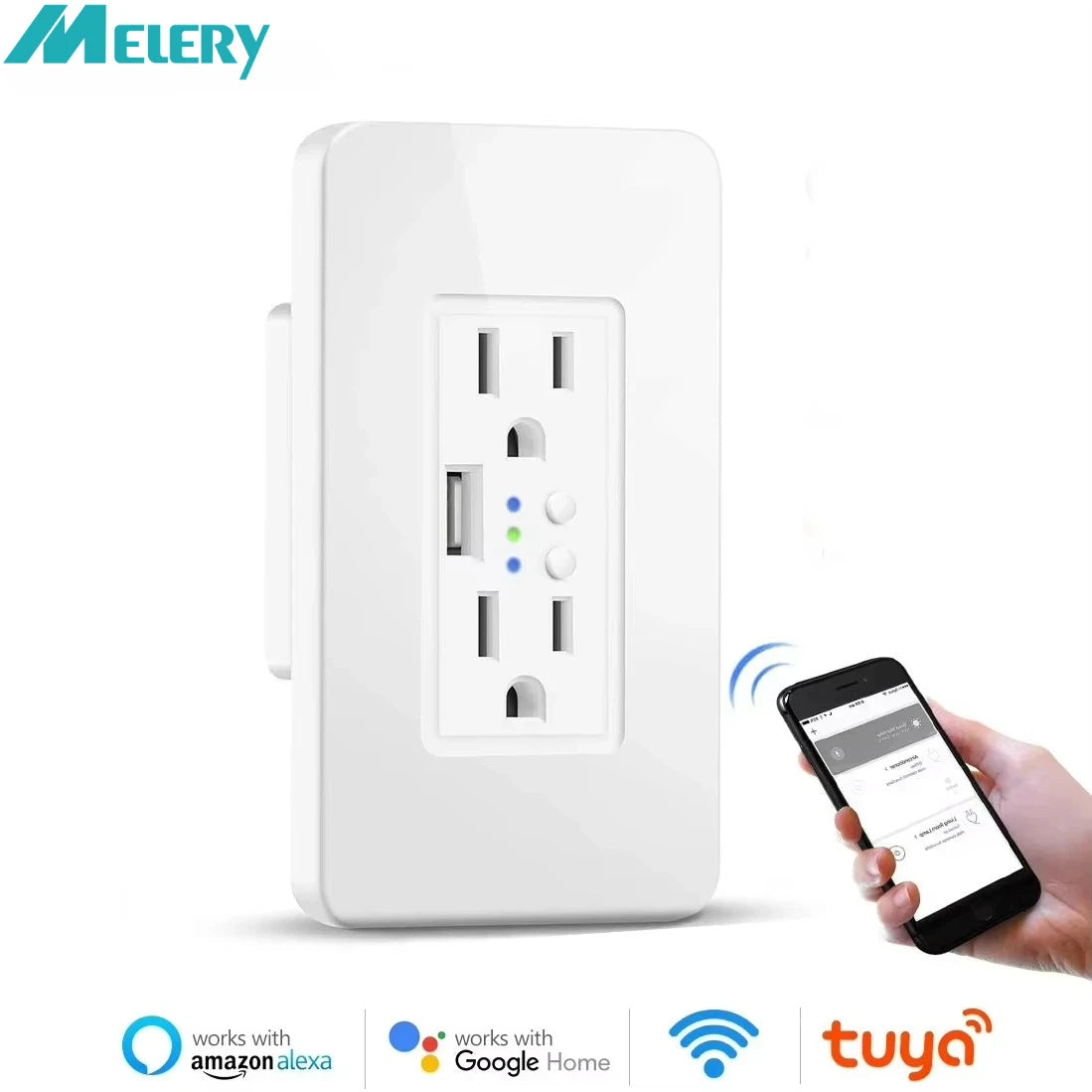 Enchufe de pared inteligente Melery con WiFi, tomas de corriente estadounidenses, cargador USB, interruptor independiente y control remoto compatible con Alexa y Google Home.
