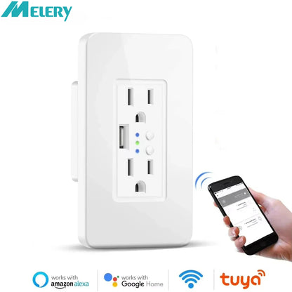 Enchufe de pared inteligente Melery con WiFi, tomas de corriente estadounidenses, cargador USB, interruptor independiente y control remoto compatible con Alexa y Google Home.