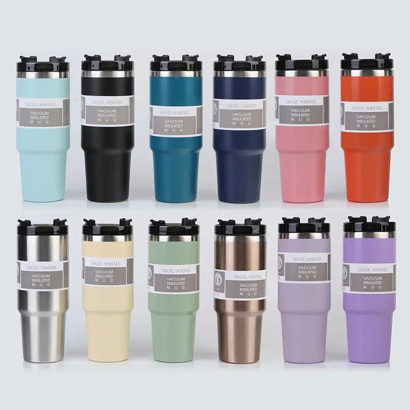 Vaso portátil de acero inoxidable de 30 oz con aislamiento para coche, con pajita y doble pajita para bebidas frías, ideal para usar en el vehículo.