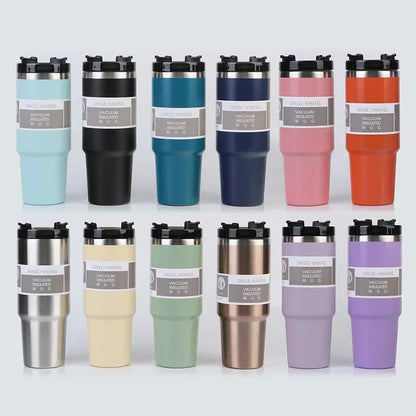 Vaso portátil de acero inoxidable de 30 oz con aislamiento para coche, con pajita y doble pajita para bebidas frías, ideal para usar en el vehículo.