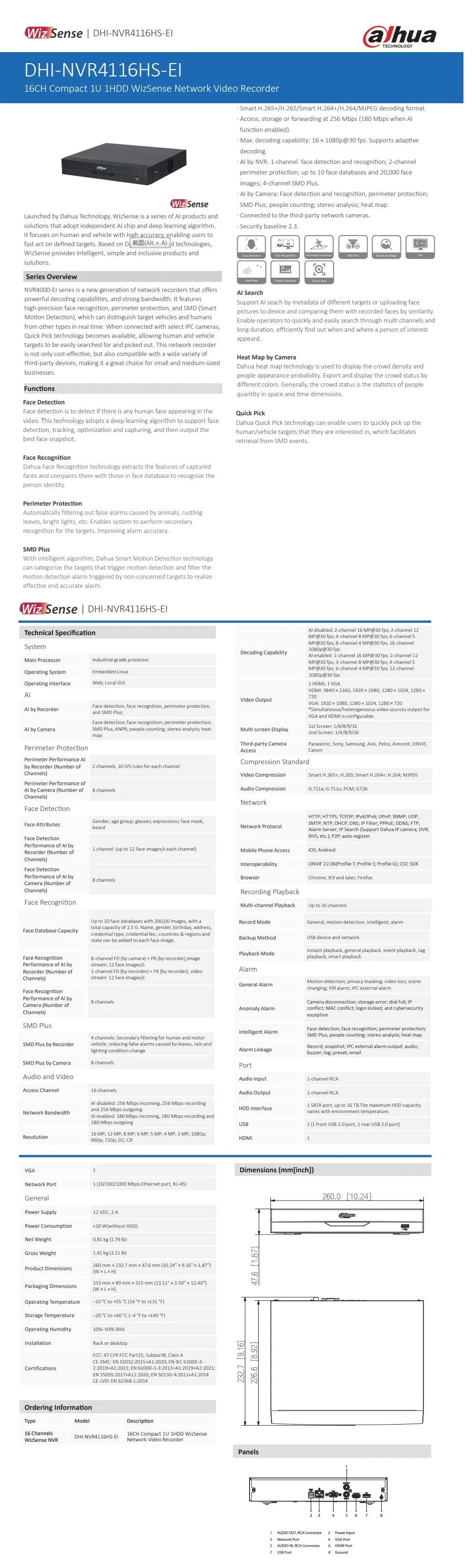 Grabador de vídeo en red WizSense con IA para cámaras CCTV, Dahua NVR4104HS-EI (4 canales), NVR4108HS-EI (8 canales), NVR4116HS-EI (16 canales), 1U, 1 HDD.