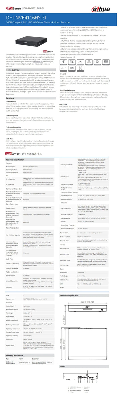 Grabador de vídeo en red WizSense con IA para cámaras CCTV, Dahua NVR4104HS-EI (4 canales), NVR4108HS-EI (8 canales), NVR4116HS-EI (16 canales), 1U, 1 HDD.