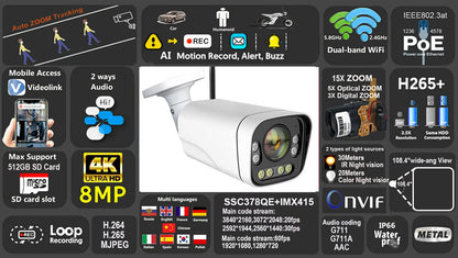 Cámara IP 4K 8MP WIFI con zoom 15x, seguimiento, PoE, protocolo RTMP Hikvision, tarjeta SD/TF de 512 GB, infrarrojos de 30 m, visión nocturna a color de 20 m
