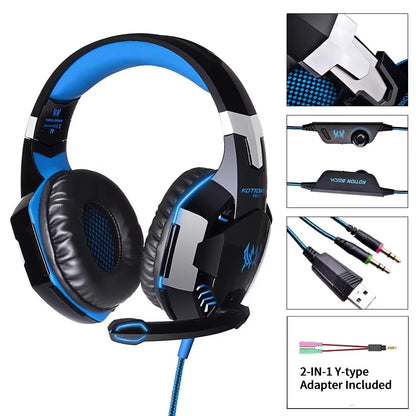 Auriculares para juegos con cable, grandes, con luz LED, micrófono, estéreo, graves profundos, para PC, portátil, PS4, Xbox