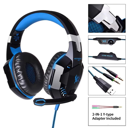 Auriculares para juegos con cable, grandes, con luz LED, micrófono, estéreo, graves profundos, para PC, portátil, PS4, Xbox
