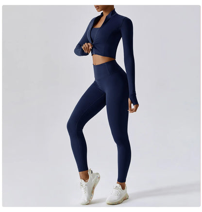 Conjunto de yoga de 3 piezas para mujer, conjuntos de entrenamiento, ropa deportiva para gimnasio, ropa deportiva con cremallera, leggings de manga larga y cintura alta, trajes deportivos, traje de yoga
