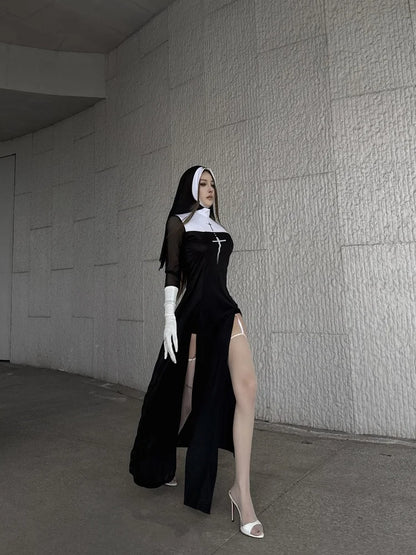 Sexy Anime Nun Cosplay Costume Women Fancy Dress Uniform Halloween Party Adult Madonna Dress Black Fancy Robe Headdress Set 2025